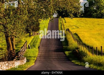 Recinzioni e campi di fattoria lungo una strada collinare in Antietam National Battlefield, Maryland. Foto Stock