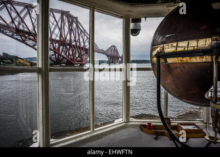 Vista del Forth Rail Bridge attraverso le finestre della North Queensferry Light Tower, Fife, Scozia Foto Stock