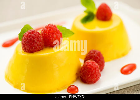 Crema cotta dessert con ripe rosso lampone e menta fresca , Vista ravvicinata su una piastra Foto Stock