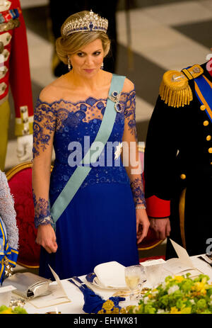 Copenhagen, Danimarca. Xvii Mar, 2015. Regina Maxima dei Paesi Bassi al banchetto di stato nel palazzo di Christiansborg a Copenhagen, in Danimarca, il 17 marzo 2015. La Dutch King e Queen sono in Danimarca per una due giorni di visita di stato. Credito: dpa picture alliance/Alamy Live News Foto Stock