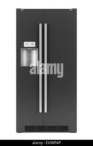 Singola nera moderno frigorifero isolati su sfondo bianco Foto Stock