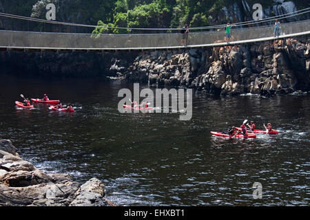 Kayakers rafting foce del fiume di tempeste, ponte di sospensione, Tsitsikamma National Park, Sud Africa Foto Stock