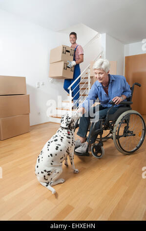 Portatori di handicap vecchia donna stroking cane mentre movers passeggiando per le scatole di cartone, Baviera, Germania Foto Stock