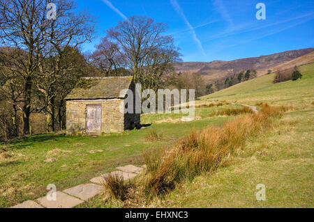 Grindsbrook Clough vicino a Edale nel Peak District, Derbyshire. Una soleggiata mattina di primavera con il sentiero lastricato che conduce alle colline. Foto Stock