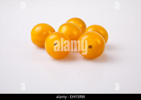 Giallo lucido pomodori ciliegia. Isolato su sfondo bianco Foto Stock