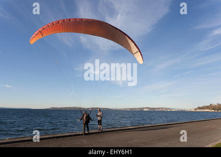 L'uomo praticare parapendio ad Alki Beach Park- West Seattle Seattle, King County, Washington, Stati Uniti d'America Foto Stock