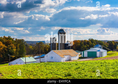 Fienile e silos in una fattoria rurale della contea di York, Pennsylvania. Foto Stock