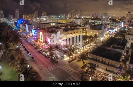 Vista aerea di Ocean Drive e South Beach, Miami, Florida, Stati Uniti d'America Foto Stock