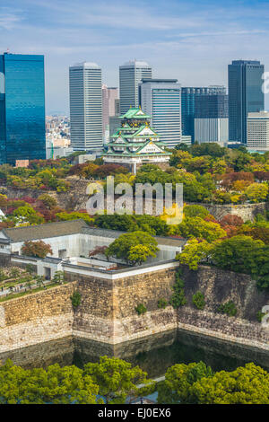 Giappone, Asia, Kansai, paesaggio, Osaka, Castello, architettura, colorato, caduta, fortezza, storia, nessun popolo, panorama, parco, skyli Foto Stock