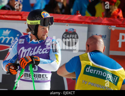 Méribel, Francia. Xix marzo, 2015. Andrew Weibrecht reagisce nella finish area della FIS Coppa del Mondo di sci alpino maschile di Super-G gara su Marzo 19, 2015 a Méribel, Francia. (Foto di Mitchell Gunn/ESPA/Alamy Live News) Foto Stock