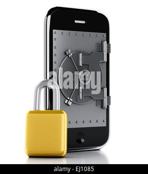 3D render image. Smartphone con porta di sicurezza e il lucchetto. La sicurezza mobile concetto. Isolato sfondo bianco Foto Stock