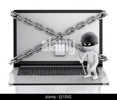 3D renderer immagine. bianchi ladro. Computer portatile con serratura e catena. Sicurezza dei dati concetto. Foto Stock