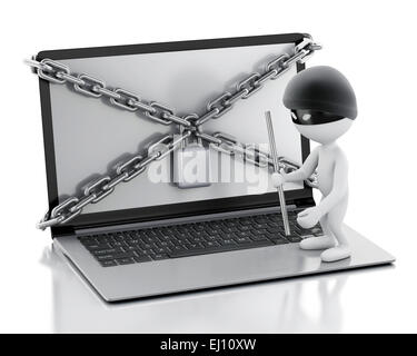 3D renderer immagine. bianchi ladro. Computer portatile con serratura e catena. Sicurezza dei dati concetto. Foto Stock