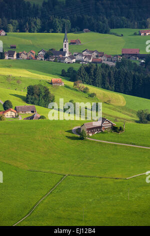 Vista, Hundwiler Höhe, altezza Hundwil, Svizzera, Europa, del cantone di Appenzell Ausserrhoden, Hundwil, villaggio, case, case, Foto Stock