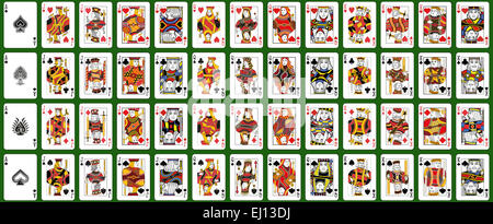 Set di carta da gioco figure e asso di picche realizzato con quattro differenti stile sopra uno sfondo verde Foto Stock