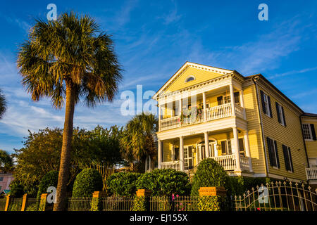 Casa e Palm tree lungo Murray Drive in Charleston, Carolina del Sud. Foto Stock
