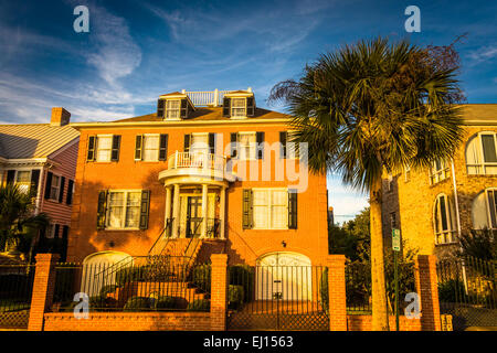 Casa e Palm tree lungo Murray Drive in Charleston, Carolina del Sud. Foto Stock