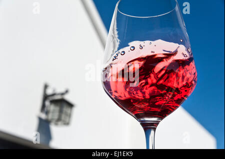 DEGUSTAZIONE DI VINI ROSSI, SOLE ALL'APERTO, CIELO ALL'APERTO, SORSEGGIANDO un bicchiere di vino rosso in una posizione di degustazione di vini all'aperto e soleggiati Foto Stock