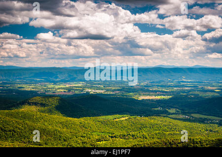 Vista della valle di Shenandoah e monti Appalachi da Mill Mountain Trail sul Grande Nord Montagna in George Washingto Foto Stock