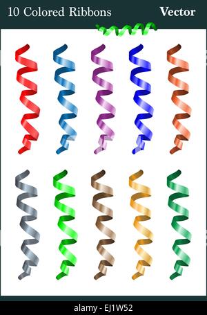 Un gruppo di dieci colorato nastri a serpentina Illustrazione Vettoriale
