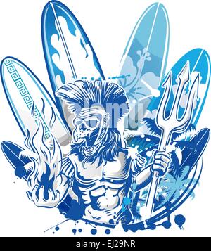 Poseidon morte surfer il background delle tavole da surf Illustrazione Vettoriale