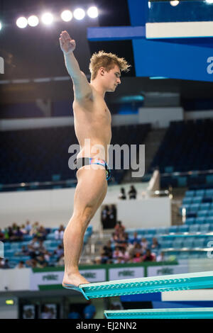 DUBAI, UAE, 20 marzo 2015. Il britannico Jack Laugher sul suo modo di vincere la 3m Springboard World Series medaglia d'oro a Dubai. Laugher è la Gran Bretagna il primo singolo 3m Springboard champion e solo la seconda Gran Bretagna a vincere una serie di mondo medaglia d oro Credito: Feroz Khan/Alamy Live News Foto Stock