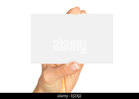 Le donne le dita tenendo un blank business card isolato su sfondo bianco Foto Stock