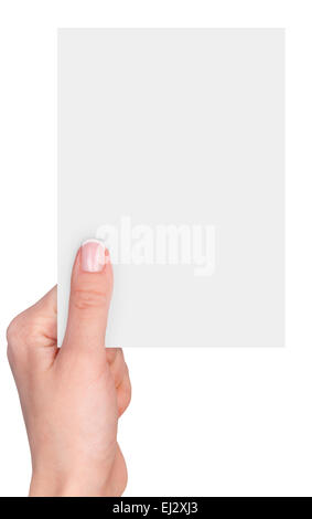 Le donne le dita tenendo un blank business card isolato su sfondo bianco Foto Stock