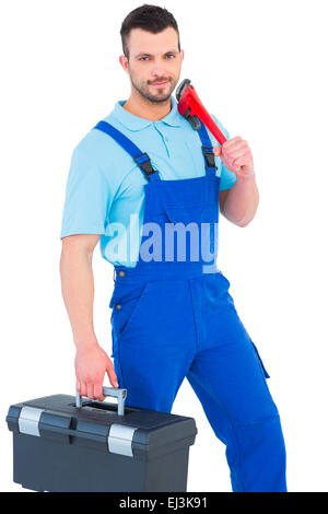 Repairman con toolbox e Monkey Wrench Foto Stock