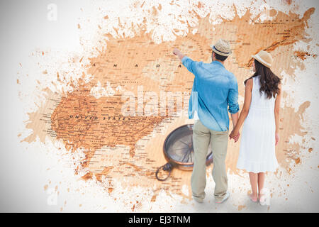 Immagine composita di felice hipster giovane tenendo le mani e alla ricerca Foto Stock