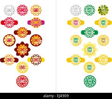 Ogm e OGM free etichetta, tag e icone per un mondo più sano Illustrazione Vettoriale