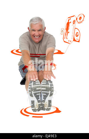 Immagine composita del ritratto di un uomo anziano stretching le mani per le gambe Foto Stock