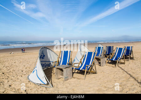 Spiaggia, costa del Mare del Nord, Bergen aan Zee, North Holland, Paesi Bassi, bar in spiaggia, sedie a sdraio, Foto Stock