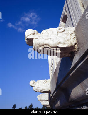 Cina Pechino Il Tempio del Cielo dettaglio della mitica creatura di marmo come un gargoyle becco di acqua con uno sfondo nero Foto Stock