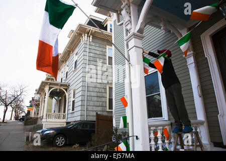 Boy visualizza bandiera irlandese, la festa di San Patrizio Parade, 2014, South Boston, Massachusetts, STATI UNITI D'AMERICA Foto Stock