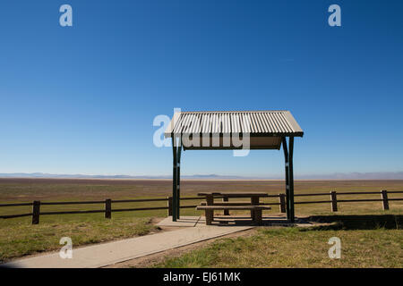 Un riparo posto picnic sulle rive del lago George, NSW, Australia Foto Stock