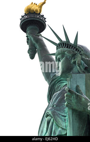 Vista ravvicinata della Statua della Libertà di New York City, su uno sfondo bianco. Foto Stock