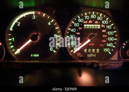 Auto con un elevato chilometraggio vecchio tachimetro analogico e contagiri a riposo Foto Stock