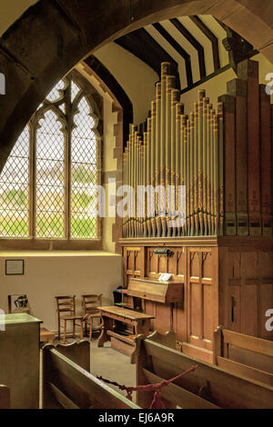 Vista sul singolo tubo manuale organo nella chiesa di San Michele in motivi di Muncaster Castle, Ravenglass, Cumbria, Inghilterra Foto Stock
