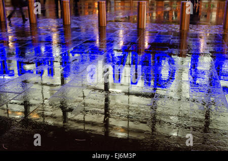 L'insegna al neon di Staten Island Ferry Terminal riflessa nel pavimento bagnato durante una tempesta di novembre. Foto Stock