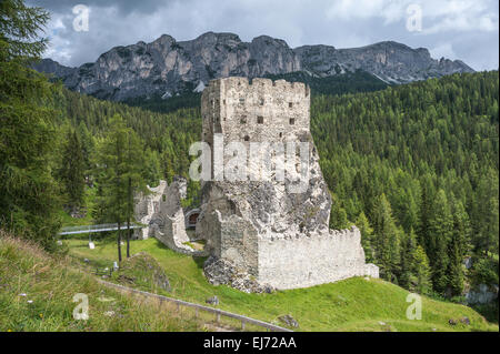 Rovine di Burg Buchenstein castello, inoltre Burg Castello di Andraz, XI secolo, sotto il Passo Falzarego, Livinallongo del Col di Lana Foto Stock