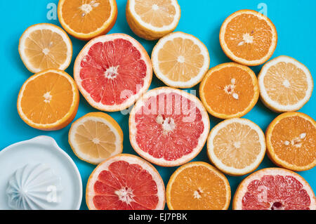 Succose arance, limoni e pompelmi e uno spremitore su un tavolo Foto Stock