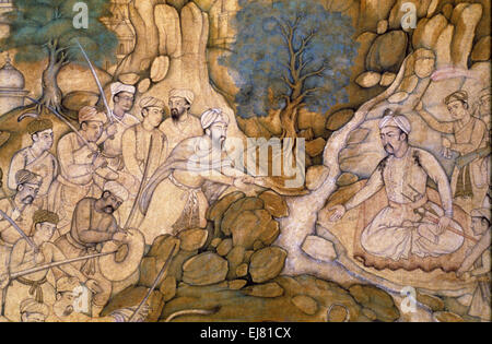 Dettaglio di Akbar la visione di una lotta tra un leone e un torello. Mughal pittura in miniatura circa 1600 A.D. India Foto Stock