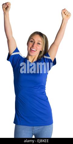 Il tifo appassionato di calcio in maglia blu Foto Stock