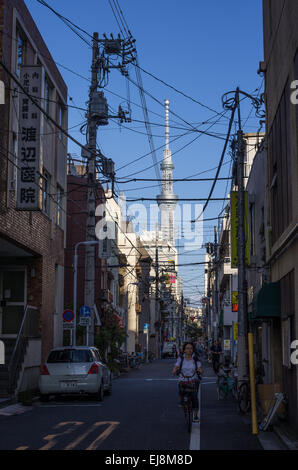 Vista da Kappabashi verso Skytree, Tokyo, Giappone Foto Stock
