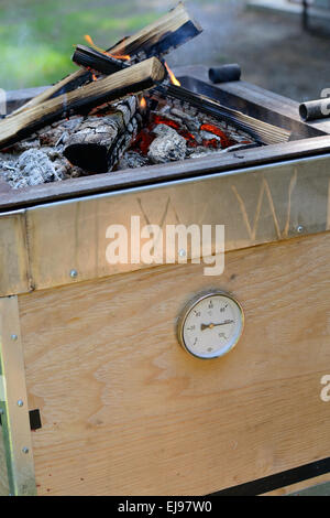Termometro sulla cassa grill Foto Stock