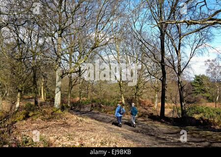 Due anziani ramblers sul modo Greensand in collina Holmbury Surrey Foto Stock