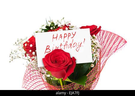 Bouquet di rose e card Happy Birthday Foto Stock