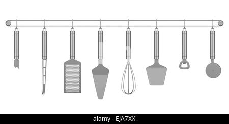 Impostare metalliche per utensili da cucina isolati su sfondo bianco Foto Stock