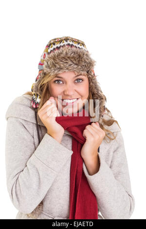 Felice bionda in abbigliamento invernale Foto Stock